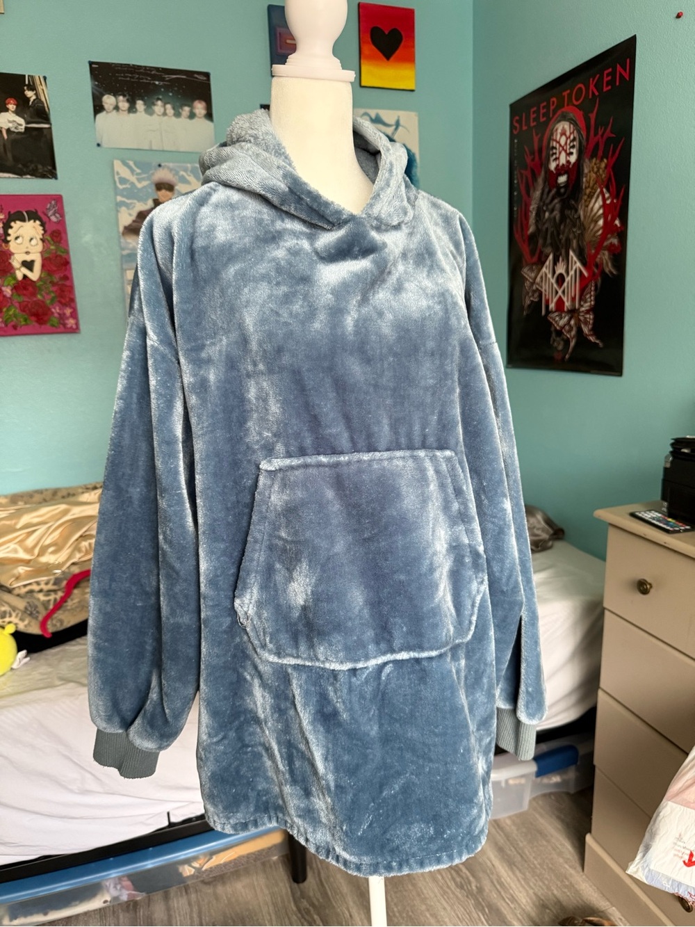 Plush Hooded Oversized Pullover - Dusty Blue
